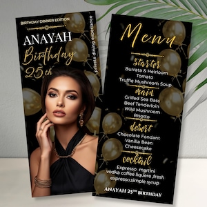 Editable Black Gold Birthday Invitation & Menu Bundle, Luxury Birthday Dinner Menu, 4x9 Invite Canva Template Digital Download