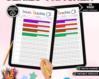 May include: Two digital tablets displaying a "Series Tracker" template, with colorful progress bars for tracking episodes. The tablets are black, and the text "Series Tracker" is visible. The image includes pencils, colored pencils, and star-shaped decorations. The text "Instant Download" is also visible.