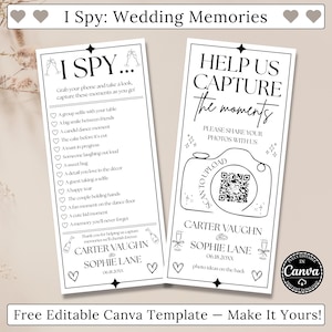 May include: Two white wedding game cards with black text. One says "I Spy" with a list of wedding moments. The other says "Help Us Capture the Moments" with a QR code for photo sharing. Includes names and date.