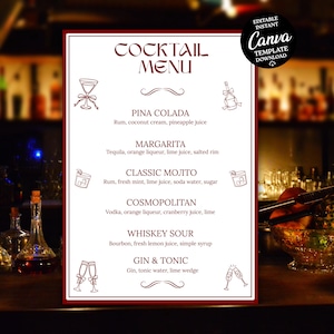 Könnte beinhalten: Eine Cocktailkarte mit dunkelrotem Rand und verschwommenem Barhintergrund. Die Karte listet klassische Cocktails wie Margarita, Mojito und Gin & Tonic auf, mit Illustrationen von Cocktailgläsern. In der oberen rechten Ecke befindet sich ein Canva-Vorlagen-Download-Symbol.