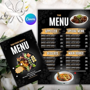May include: A restaurant menu design with a black background and floral accents. The menu features sections for appetizers, desserts, and main dishes, with prices listed. The menu includes the text "THE MENU" and "THE FOOD RESTO MENU".
