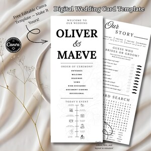 Könnte beinhalten: Digitale Hochzeitskarten-Vorlage mit den Namen Oliver & Maeve. Das Design umfasst eine Zeremonienordnung, einen Zeitplan der Tagesereignisse und eine Spielkarte mit einem Wortsuchrätsel und einem "Wer ist es?"-Spiel. Bearbeitbar in Canva.