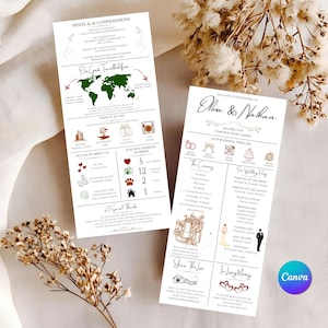 Könnte beinhalten: Zwei vertikale Hochzeitskarten mit schwarzem Text auf weißem Papier. Eine Karte zeigt eine Weltkarte, Reiseinformationen und Fakten. Die andere Karte listet den Zeitplan der Hochzeit, die Namen der Hochzeitsgesellschaft und den Ablauf der Zeremonie.