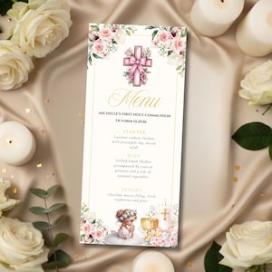 First Holy Communion Menu Template, Pink Watercolor Menu for Kids’ Communion, Editable Canva Template, Printable Instant Download