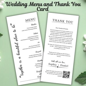 Könnte beinhalten: Hochzeitsmenü- und Dankeskarten-Set. Die Menükarte listet Vorspeisen, Hauptgerichte, Desserts und Getränke auf. Die Dankeskarte enthält eine Nachricht, Namen und einen QR-Code. Beide Karten sind weiß mit schwarzem Text.