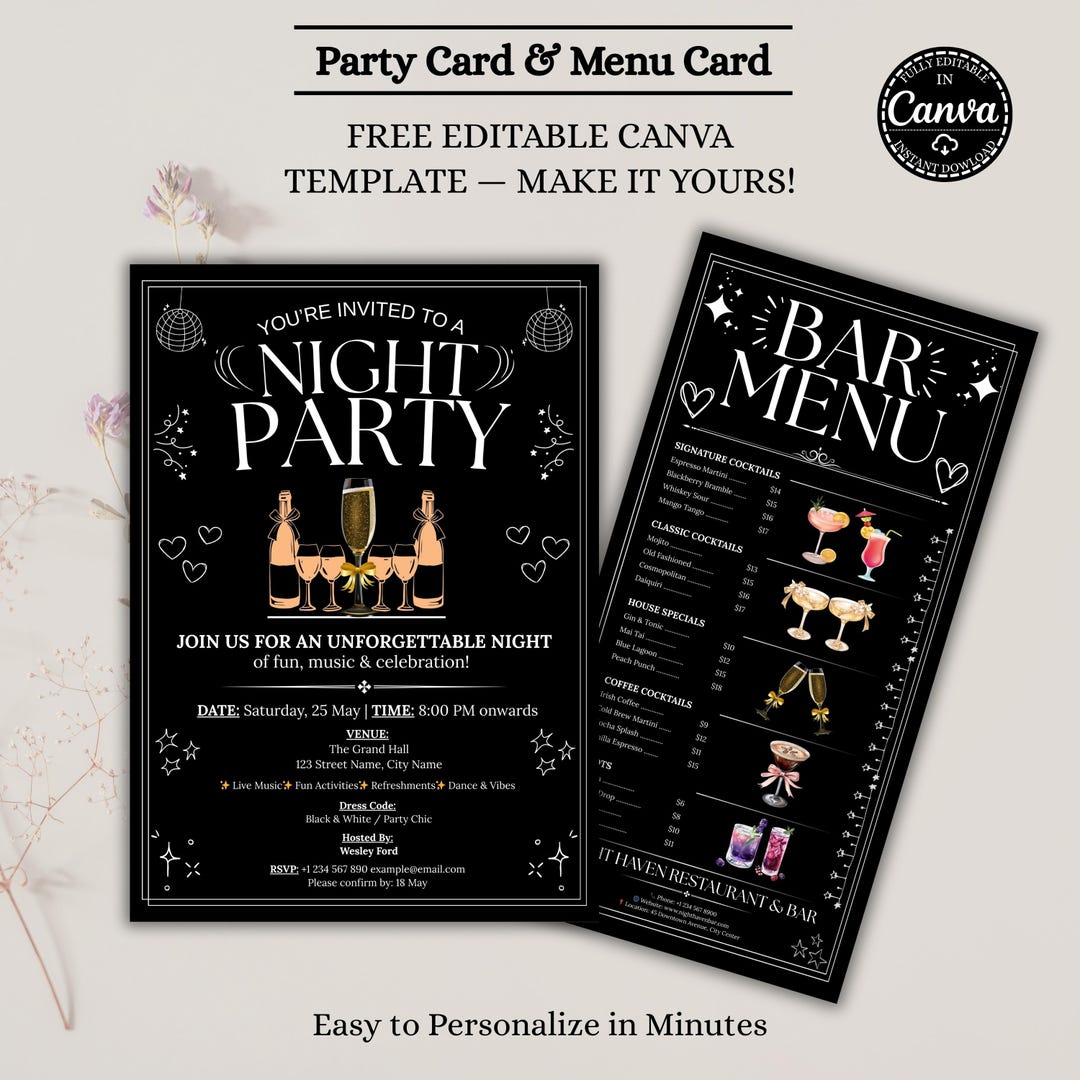 Editable Bar Menu Template Canva, Cocktail and Drinks Price List Flyer ...