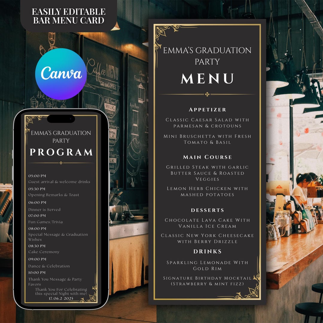 Editable Graduation Party Menu Template, Black and Gold Dinner Program ...