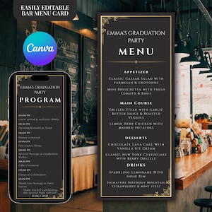 May include: A black graduation party menu and program card. The menu includes appetizers, main courses, desserts, and drinks. The program lists the event's schedule, including guest arrival, speeches, dinner, and dance.