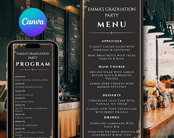 Editable Graduation Party Menu Template, Black and Gold Dinner Program Card, Thank You Note (Digital download)