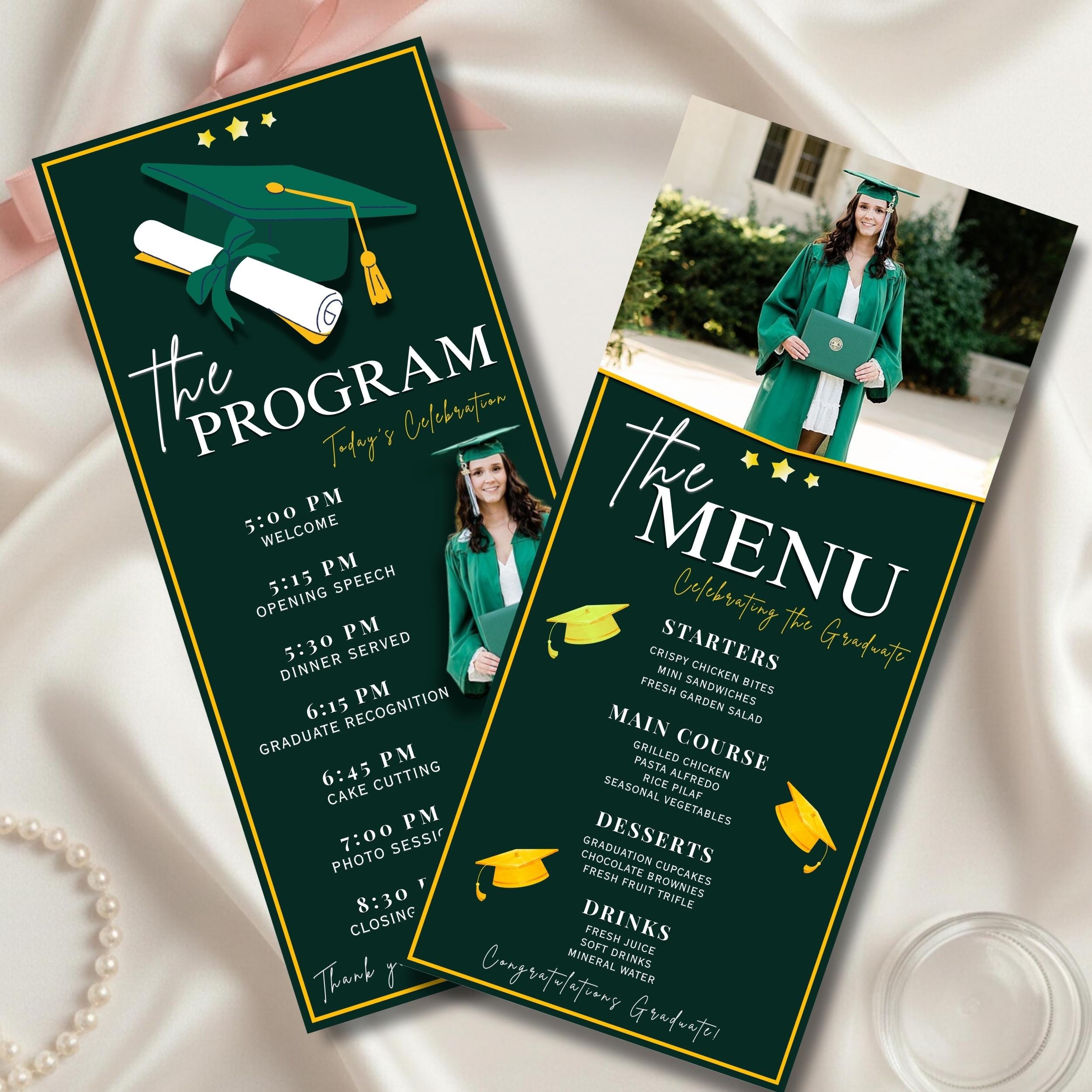 Graduation Event Programme Graduation Program and Menu Template, Green Gold Class of 2026 Editable ...