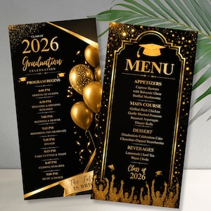 Könnte beinhalten: Zwei schwarze und goldene Abschlussfeier-Karten. Die linke Karte zeigt den Programmablauf für den Abschlussjahrgang 2026 mit goldenen Luftballons. Die rechte Karte enthält ein Menü mit einer Doktorhut-Grafik, goldenem Glitzer und Silhouetten.