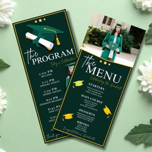 Graduation Program and Menu Template, Green Gold Class of 2026 Editable Party Schedule, Custom Dinner Itinerary Printable Card