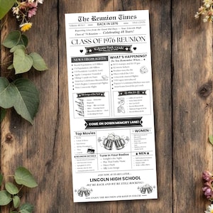 May include: A black and white newspaper-style print titled "The Reunion Times" for the Lincoln High School Class of 1976 Reunion. The print includes headlines, news highlights, and a list of top movies and songs. The print is on a wooden surface.