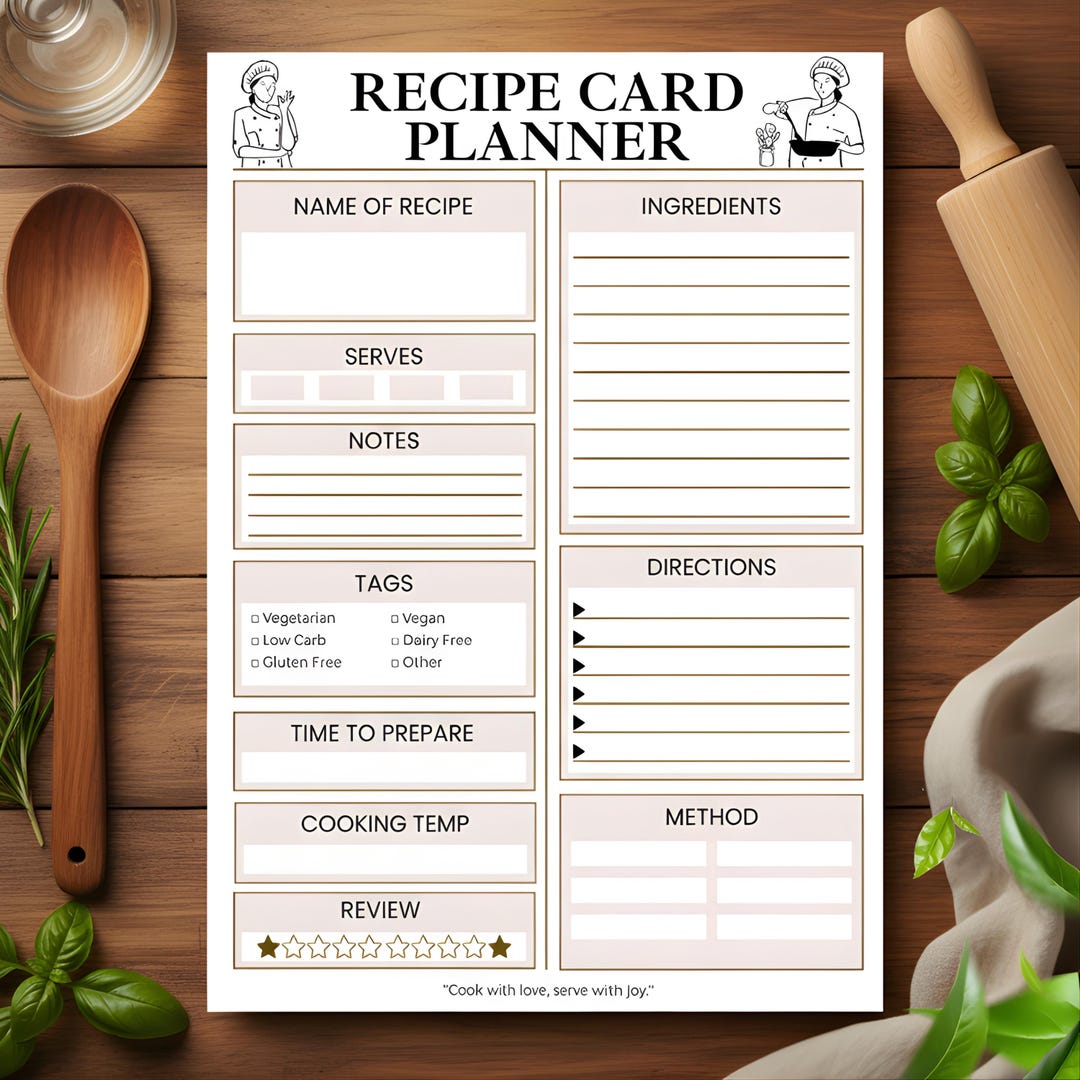 Recipe Card Planner Printable, Minimal Kitchen Recipe Organizer ...