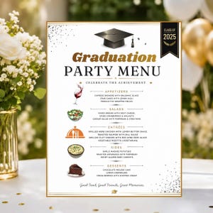 Menú editable para fiesta de graduación, menú de cena de la promoción de 2026, cartel dorado y negro para mesa de comida de graduación, descarga digital de Canva.