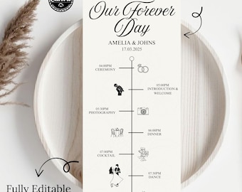 May include: A wedding timeline template with the text "Our Forever Day" and the names Amelia & Johns, with the date 17.03.2025. The timeline includes illustrations for ceremony, photography, cocktail, and cake. The template is fully editable in Canva.