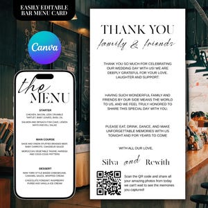 May include: A wedding bar menu card and a thank you card. The menu card displays the text "the MENU" and a list of starters, main courses, and desserts. The thank you card says "Thank You family & friends".