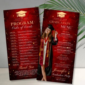 Editable Graduation Menu Template, Class of 2026 Program Card, Red Gold Grad Party Dinner Table Decor, Canva Instant Download