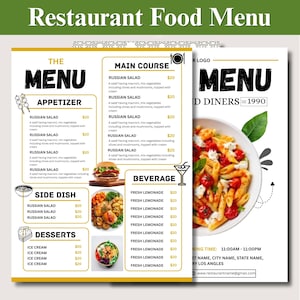 Könnte beinhalten: Eine Restaurant-Speisekarte mit dem Titel "Restaurant Food Menu". Die Speisekarte ist in Abschnitte unterteilt: Vorspeise, Hauptgericht, Beilage, Desserts und Getränke. Jeder Abschnitt listet Speisen und Preise auf. Auf der rechten Seite ist ein Teller Pasta abgebildet.