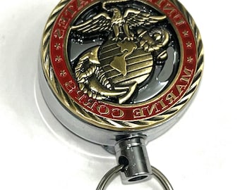 USMC Eagle Globe Anchor Badge Reel, Metal Wire ID Holder, Marine Veteran Gift
