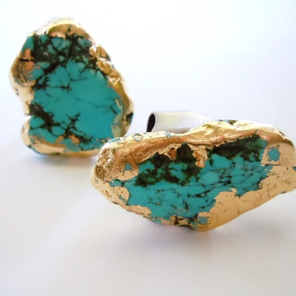 Turquoise Howlite Ring - Turquoise Jewelry -Gilded in Gold - Adjustable - Cocktail Ring -Organic