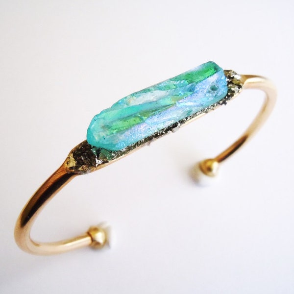 Raw Stone Bracelet - Aqua Aura Quartz -Pyrite Inlaid - Brass Cuff - Mineral Cluster  - Boho Chic