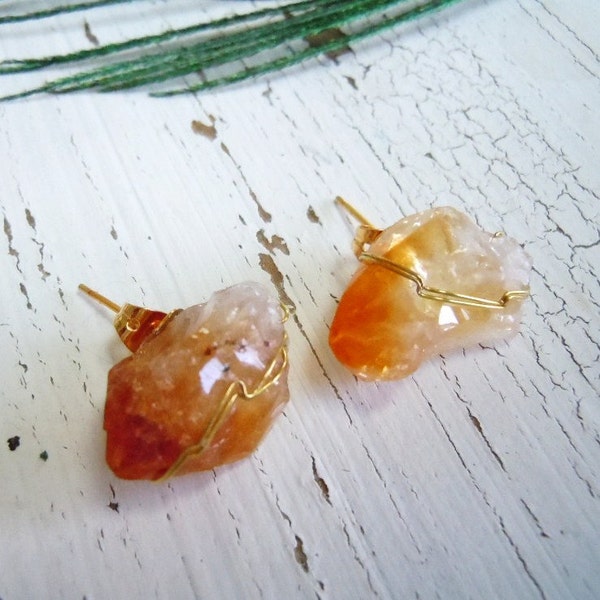 Raw Citrine Gemstone Stud Earrings