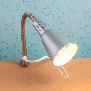 May include: A silver desk lamp with a flexible, metallic gooseneck and a clamp base. The lamp has a conical shade and a white power cord. The background is a teal color with a geometric pattern.