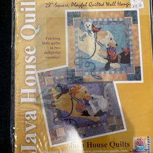May include: A package for a quilted wall hanging with the text "Go Fetch!". The package features two dog-themed quilt designs, one with a dog holding a ball and another with a dog and a bird. The package is 28 inches square.
