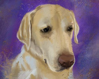 Puede incluir: Una pintura digital de un perro Labrador Retriever amarillo con una apariencia suave y texturizada. El perro tiene una nariz marrón y ojos oscuros, sobre un fondo morado y dorado moteado. La obra de arte tiene un estilo pictórico.