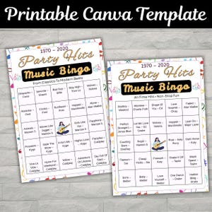 Party game printable featuring classic and modern music bingo challenges