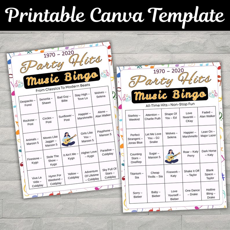 Party game printable featuring classic and modern music bingo challenges
