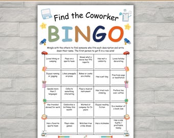 Gra w bingo „Znajdź współpracownika” do druku, aktywność na przełamanie lodów w biurze, gra na imprezę firmową, karta do gry w bingo team building