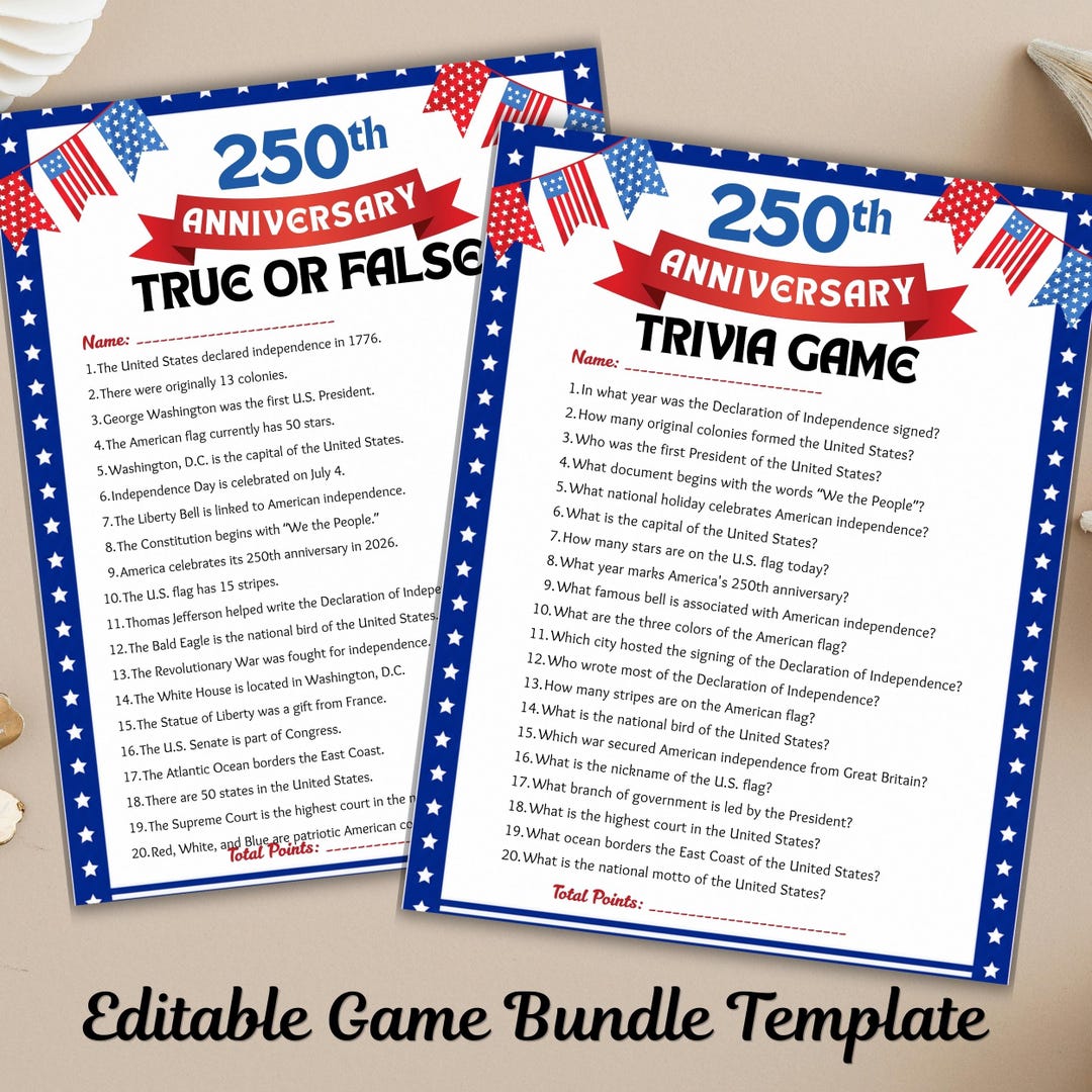 USA 250th Anniversary Trivia Game, America 250 Printable Quiz, 4th of ...