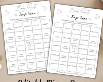 Edytowalny szablon Canva do gry w bingo z prezentem na baby shower, minimalistyczne karty bingo dla dzieci do zabawy przy otwieraniu prezentów, do pobrania w wersji drukowanej
