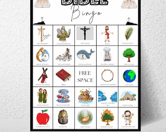 Gra w bingo biblijne do druku, 50 kart bingo z historiami biblijnymi, zajęcia w szkole niedzielnej, chrześcijańska gra dla dzieci do pobrania w wersji cyfrowej