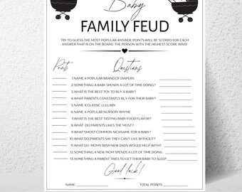 Juego imprimible de Baby Family Feud, preguntas para baby shower, juego divertido para baby shower, descarga digital editable en Canva