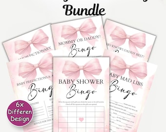 Zestaw gier na baby shower do druku, pakiet zabaw na baby shower z różową kokardką, 6 zabawnych gier imprezowych, zestaw gier na baby shower dla dziewczynek do druku do pobrania