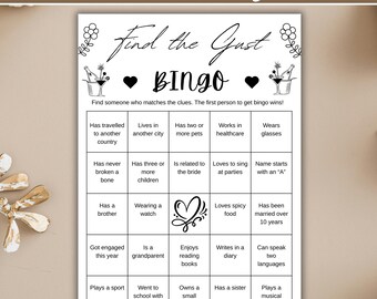 Encuentra el juego de bingo para invitados para bodas (imprimible), juego rompehielos para despedida de soltera, actividad para la mesa de la recepción de la boda (plantilla de Canva para descargar).
