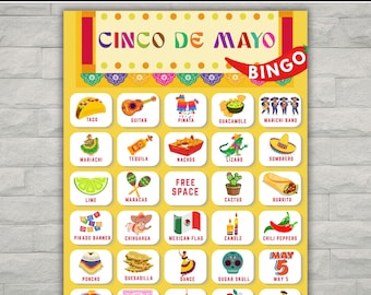 Gra Cinco De Mayo Bingo do druku, meksykańska impreza Fiesta, gra dla dzieci Cinco De Mayo, karty Bingo w klasie