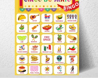 Cinco de Mayo Bingo utskrivbart spel, mexikanskt Fiesta-festspel, klassrumsaktivitet för barn och vuxna, direkt nedladdning i PDF-format