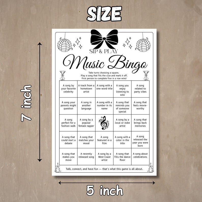 Printable party activity with music challenge bingo squares