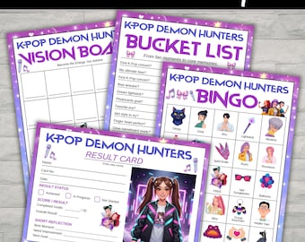 Paquete imprimible de juegos para fiestas de cazadores de demonios de Kpop, actividad de lista de deseos con tablero de visión de bingo, juegos de cumpleaños de anime para adolescentes y niños, descarga en PDF