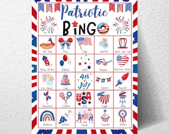 Do druku gra w patriotyczne bingo, karty imprezowe z okazji 4 lipca w USA, aktywność w klasie 250 w wersji cyfrowej do pobrania