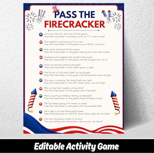 May include: A Pass the Firecracker game sign featuring red, white, and blue patriotic graphics, fireworks, and twelve numbered instructions for a Fourth of July party. The text includes rules for passing a firecracker to guests based on traits.
