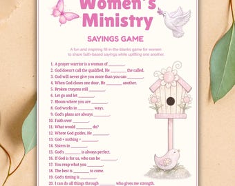 Juego imprimible para el ministerio de mujeres, frases cristianas para completar, actividad digital para la confraternidad en la iglesia.