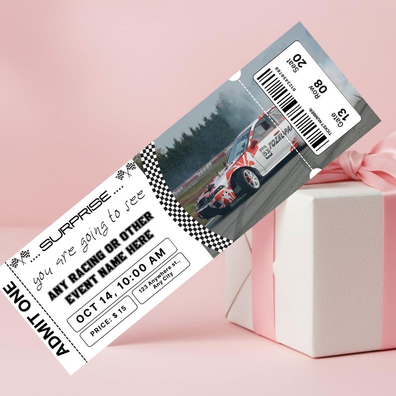 Editable Racing Car Surprise Ticket Canva, Birthday Gift Reveal Voucher ...