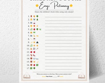Children’s Book Emoji Pictionary Baby Shower Game, Printable Book Title Quiz, Baby Shower Activity Instant Download