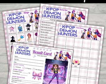 Pakiet bingo Kpop Demon Hunters, gry imprezowe Kpop do druku, karty z tablicą wizualizacyjną, gra z listą rzeczy do zrobienia przed śmiercią, aktywność na noc