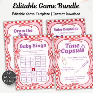 Può includere: Un pacchetto di quattro modelli di giochi per baby shower. Ogni carta ha un bordo a scacchi rosa e bianco con un design a fiocco rosa. I giochi includono "Draw the Baby", "Baby Bingo", "Baby Reynolds Predictions & Advice" e "Time Capsule".
